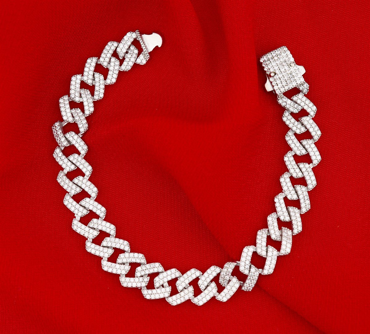 925 Ayar Gümüş Kare Kesim Taşlı Kalın Gurmet Zincir Bileklik