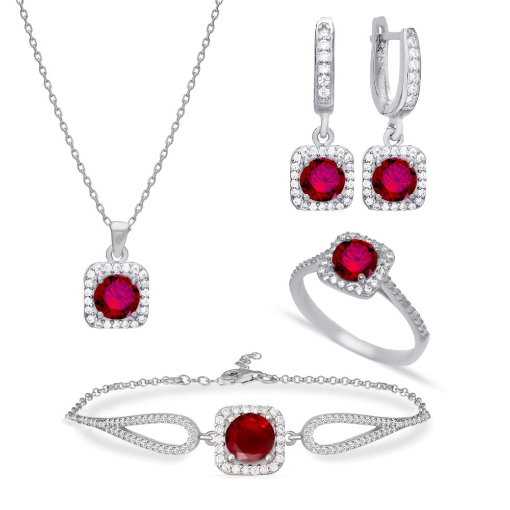 925 Ayar Gümüş Kare Kırmızı Taşlı Takı Seti