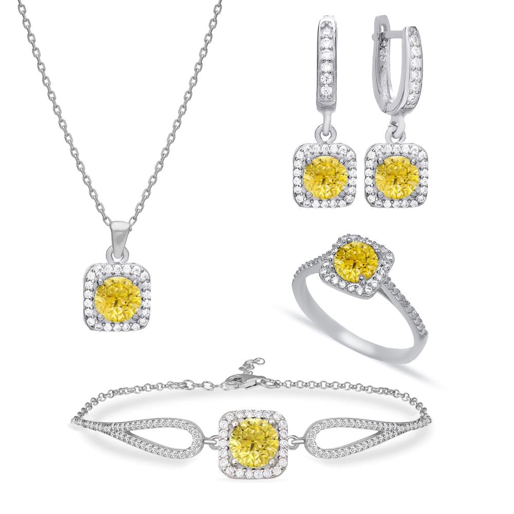 925 Ayar Gümüş Kare Sitrin Taşlı Takı Seti