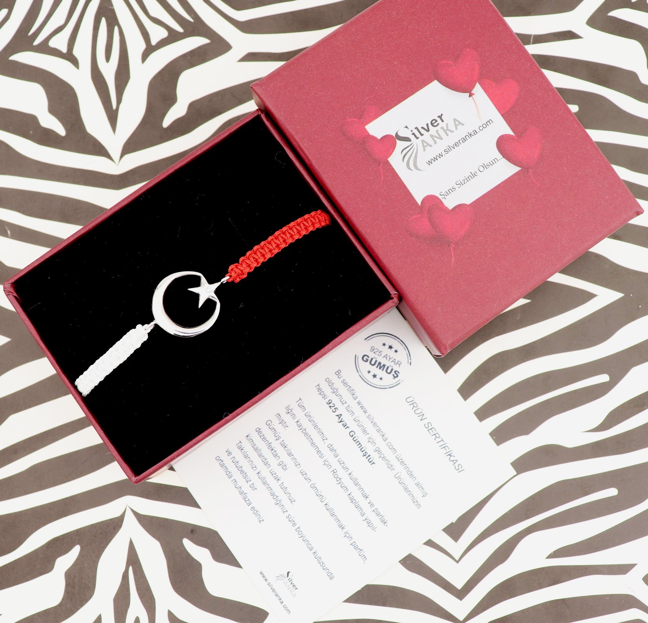 925 Ayar Gümüş Kırmızı Beyaz Ay Yıldız Taraftar Bileklik