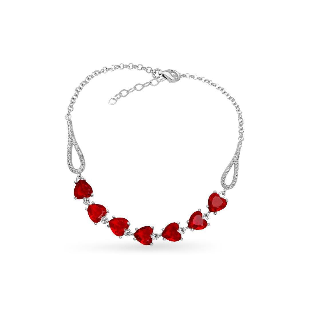 925 Ayar Gümüş Kırmızı Kalp Taşlı Su Yolu Bileklik