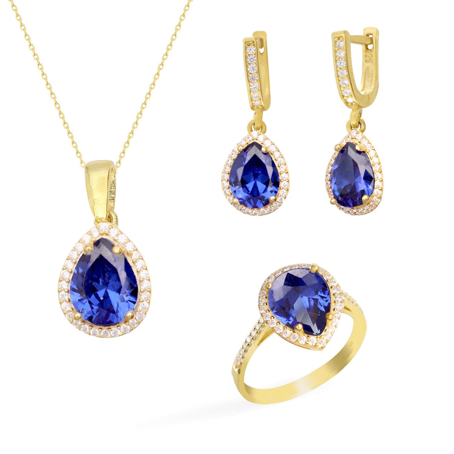 925 Ayar Gümüş Kristal Safir Su Damlası Takı Seti