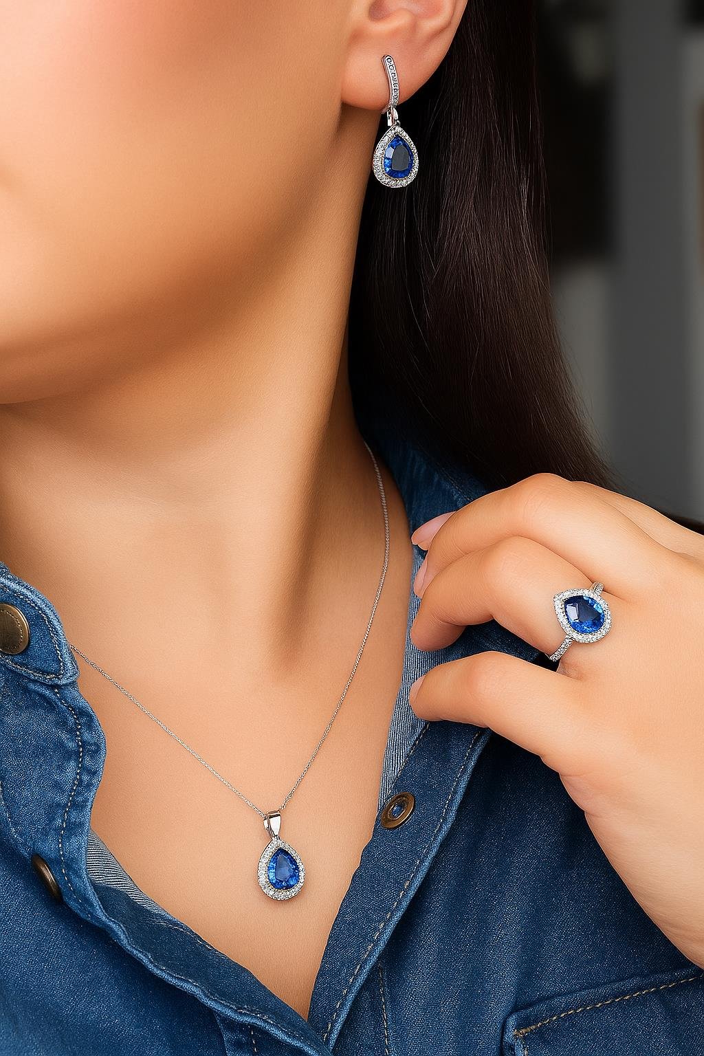 925 Ayar Gümüş Kristal Safir Su Damlası Takı Seti