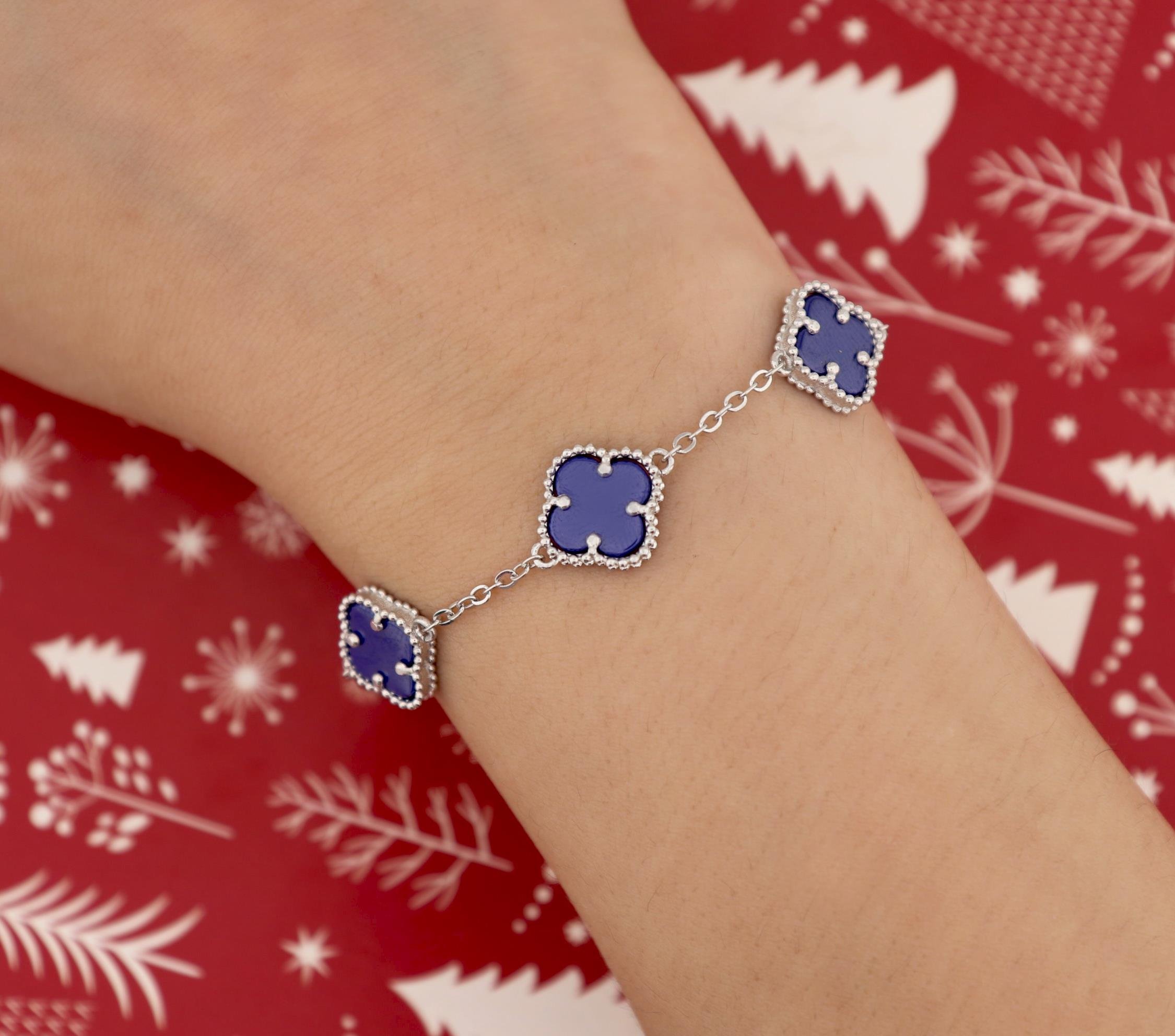 925 Ayar Gümüş Lacivert Taşlı Yonca Bileklik