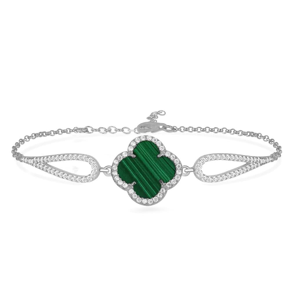 925 Ayar Gümüş Malahit Taşlı Yonca Bileklik