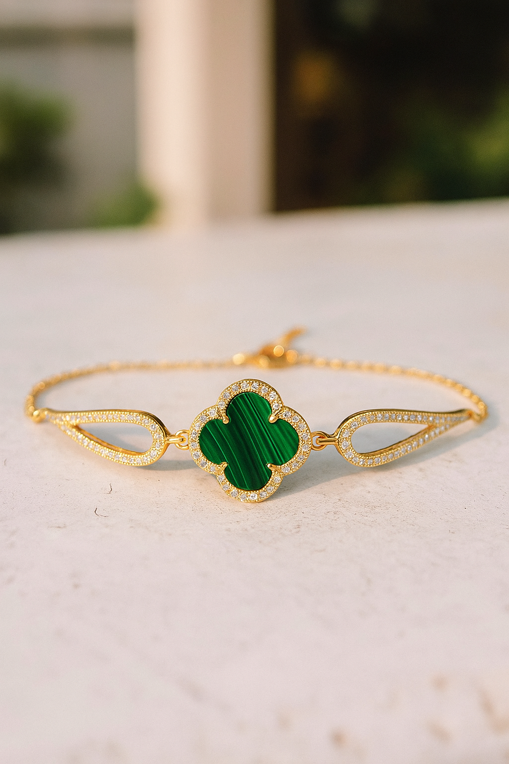 925 Ayar Gümüş Malahit Taşlı Yonca Bileklik