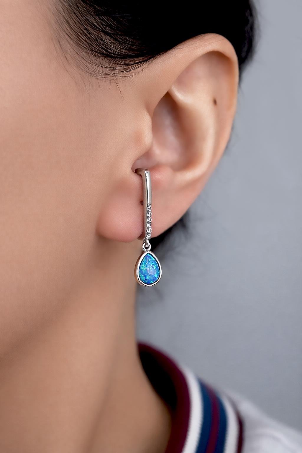 925 Ayar Gümüş Mavi Opal Damla Taşlı Küpe