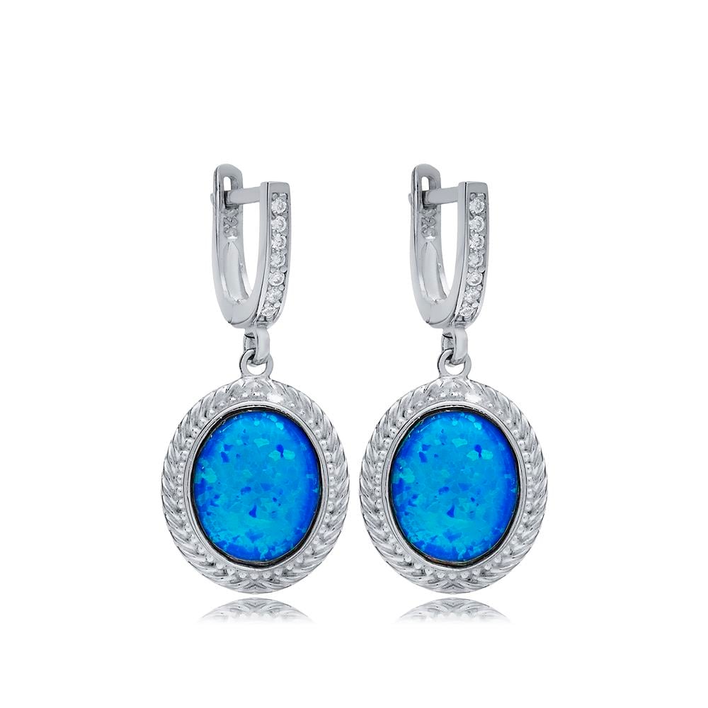 925 Ayar Gümüş Mavi Opal Taşlı Vintage Tasarım Küpe