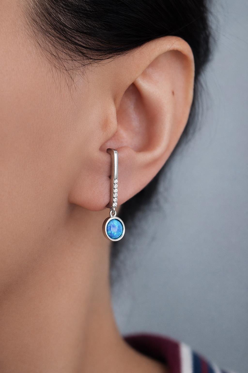 925 Ayar Gümüş Mavi Opal Yuvarlak Taşlı Küpe