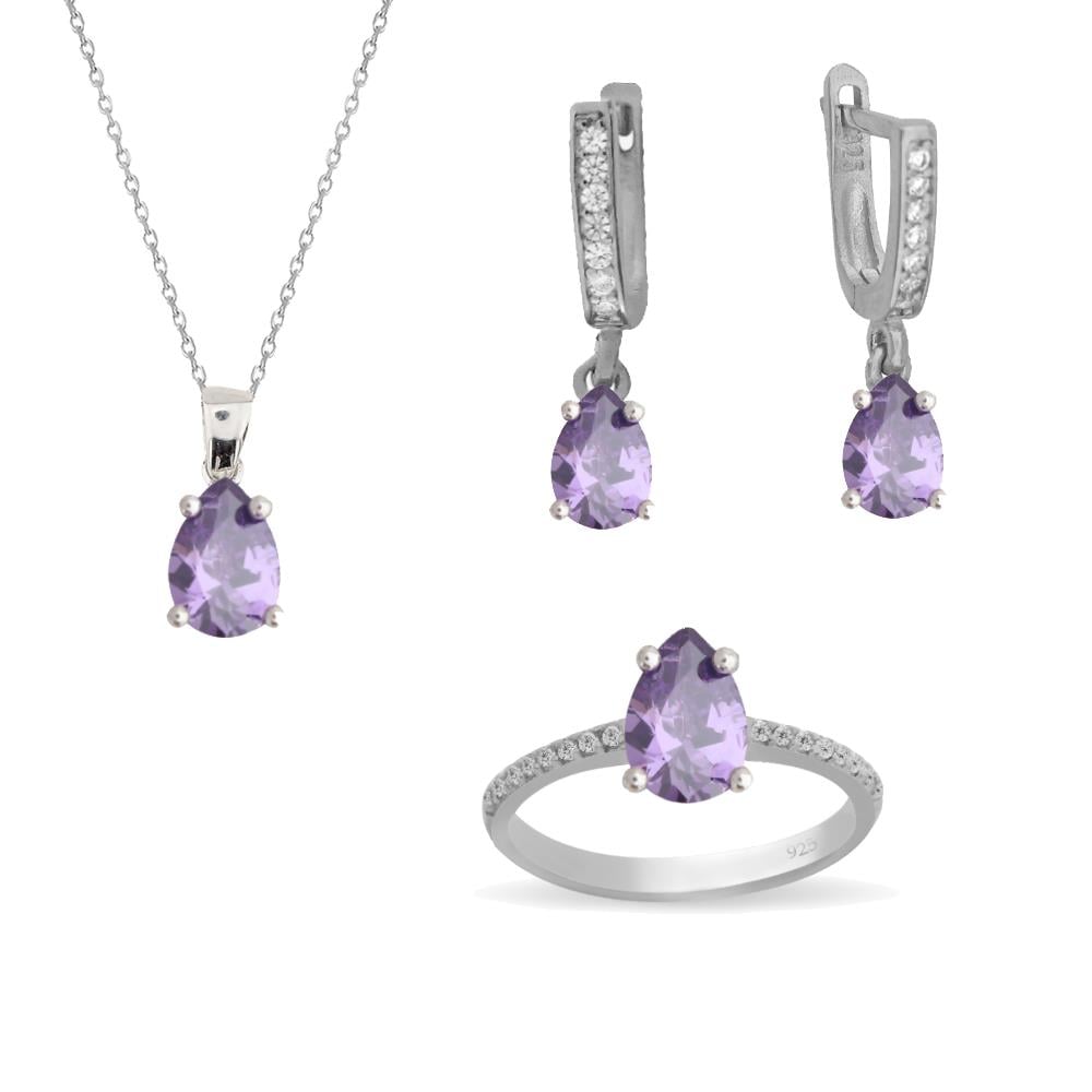 925 Ayar Gümüş Minimal Ametist Damla Taşlı Takı Seti