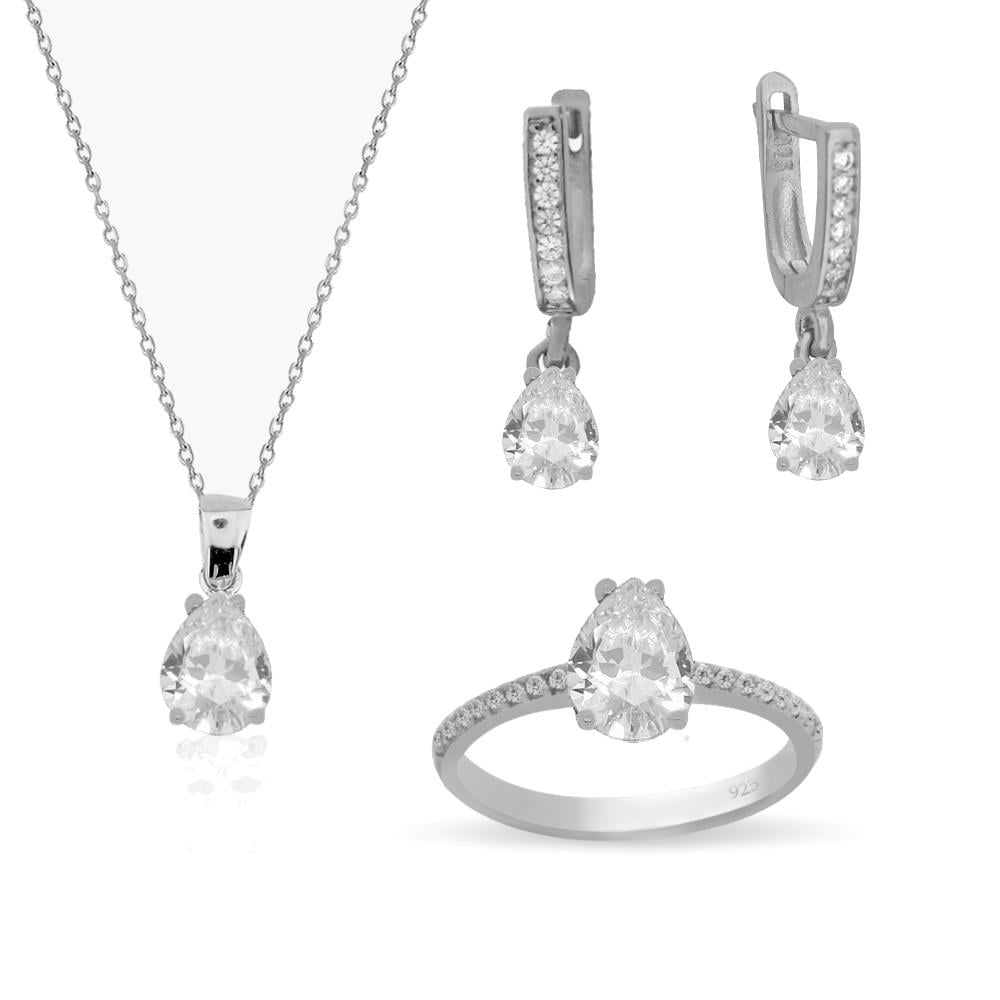 925 Ayar Gümüş Minimal Beyaz Damla Taşlı Takı Seti