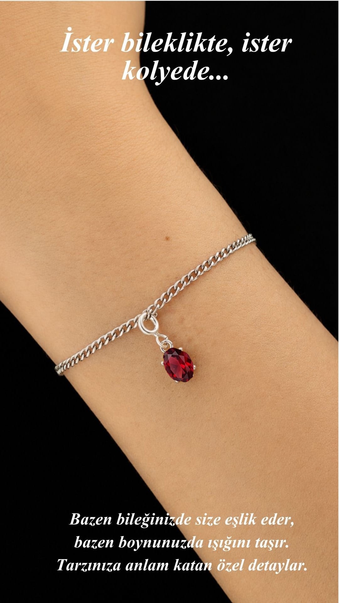 925 Ayar Gümüş Minimal Kırmızı Oval Taşlı Charm Kolye Ucu