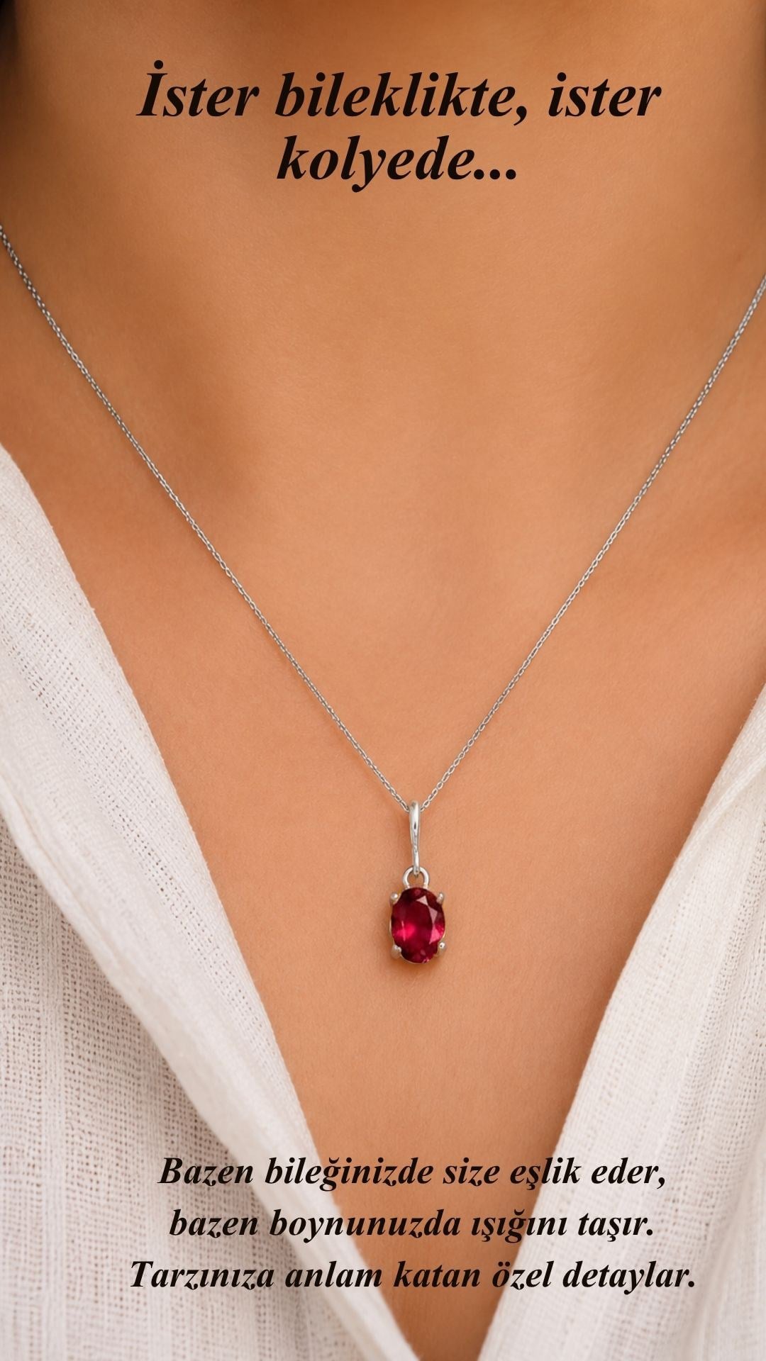 925 Ayar Gümüş Minimal Kırmızı Oval Taşlı Charm Kolye Ucu