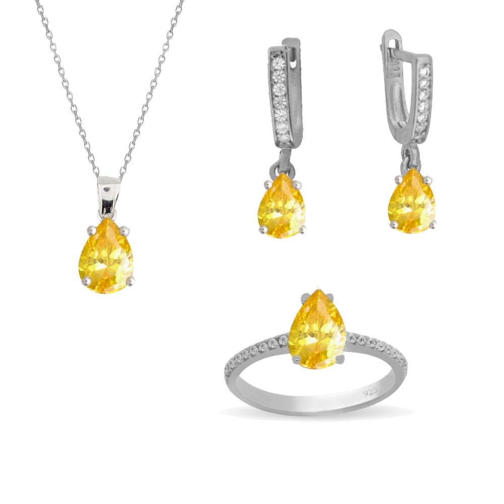 925 Ayar Gümüş Minimal Sitrin Damla Taşlı Takı Seti