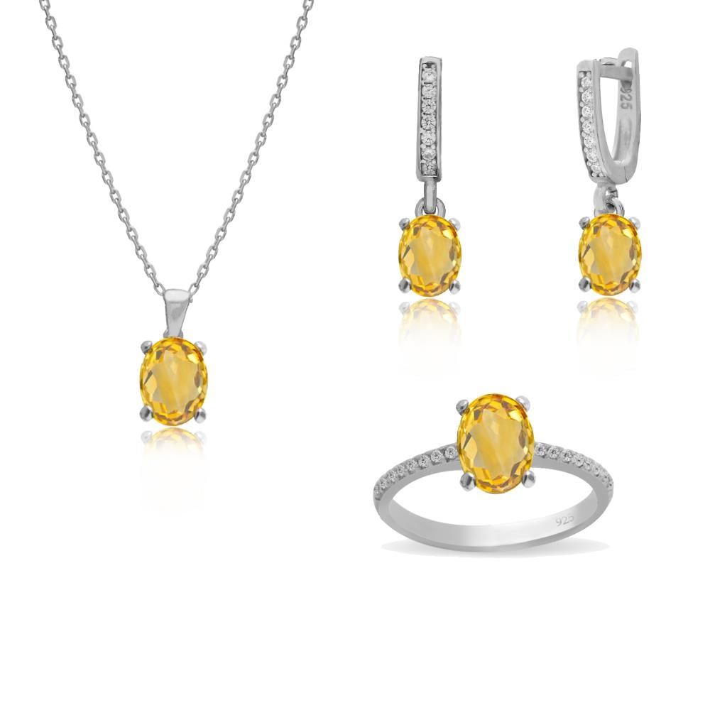 925 Ayar Gümüş Minimal Sitrin Oval Taşlı Takı Seti