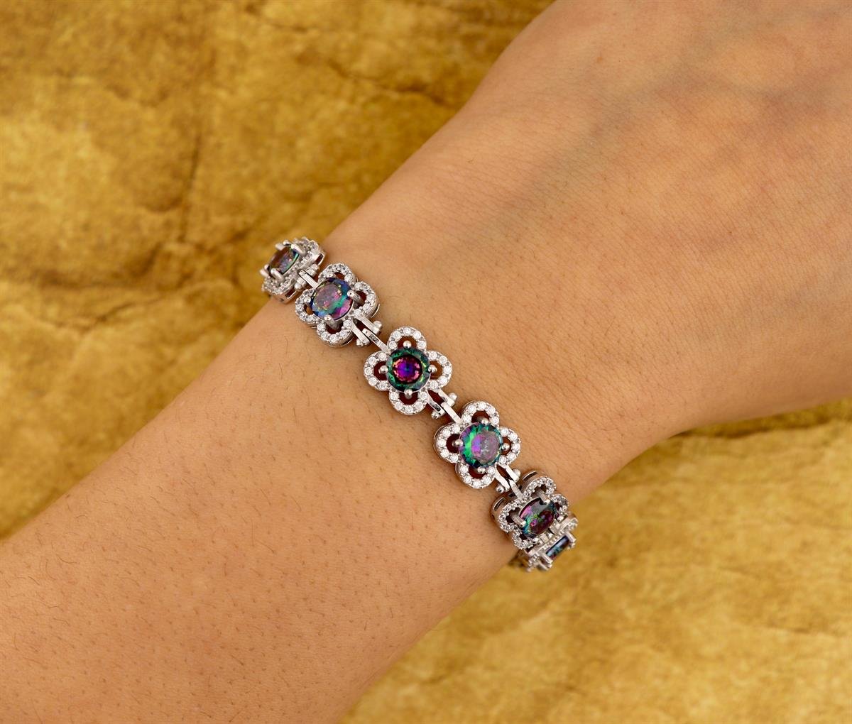 925 Ayar Gümüş Mistik Topaz Çiçek Model Gümüş Bileklik