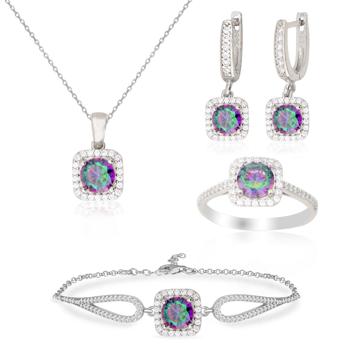 925 Ayar Gümüş Mistik Topaz Kare Pırlanta Montür Takı Seti