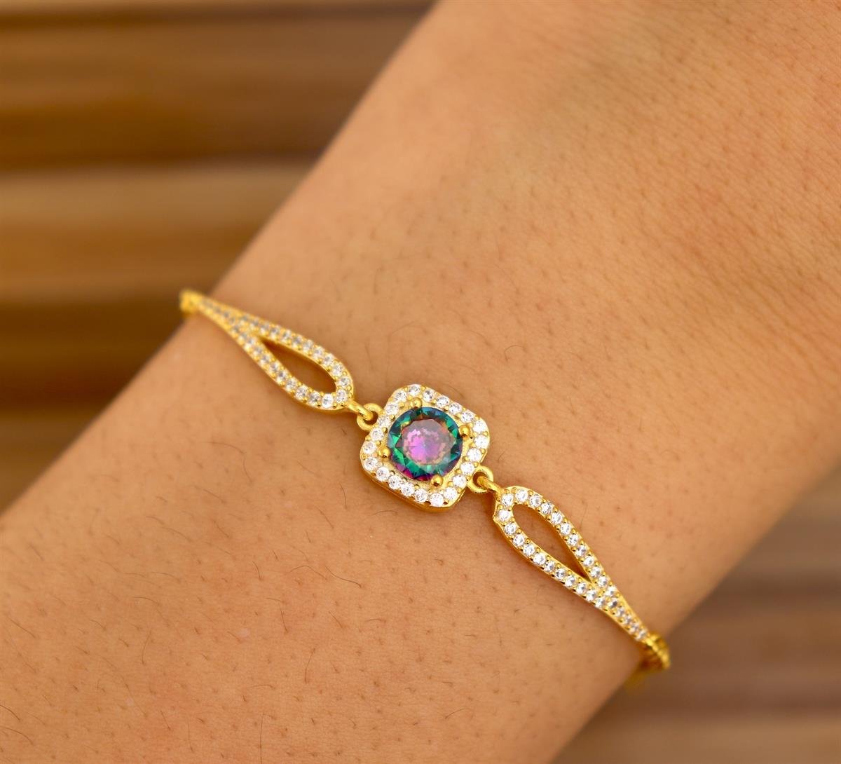 925 Ayar Gümüş Mistik Topaz Kare Pırlanta Montür Bileklik