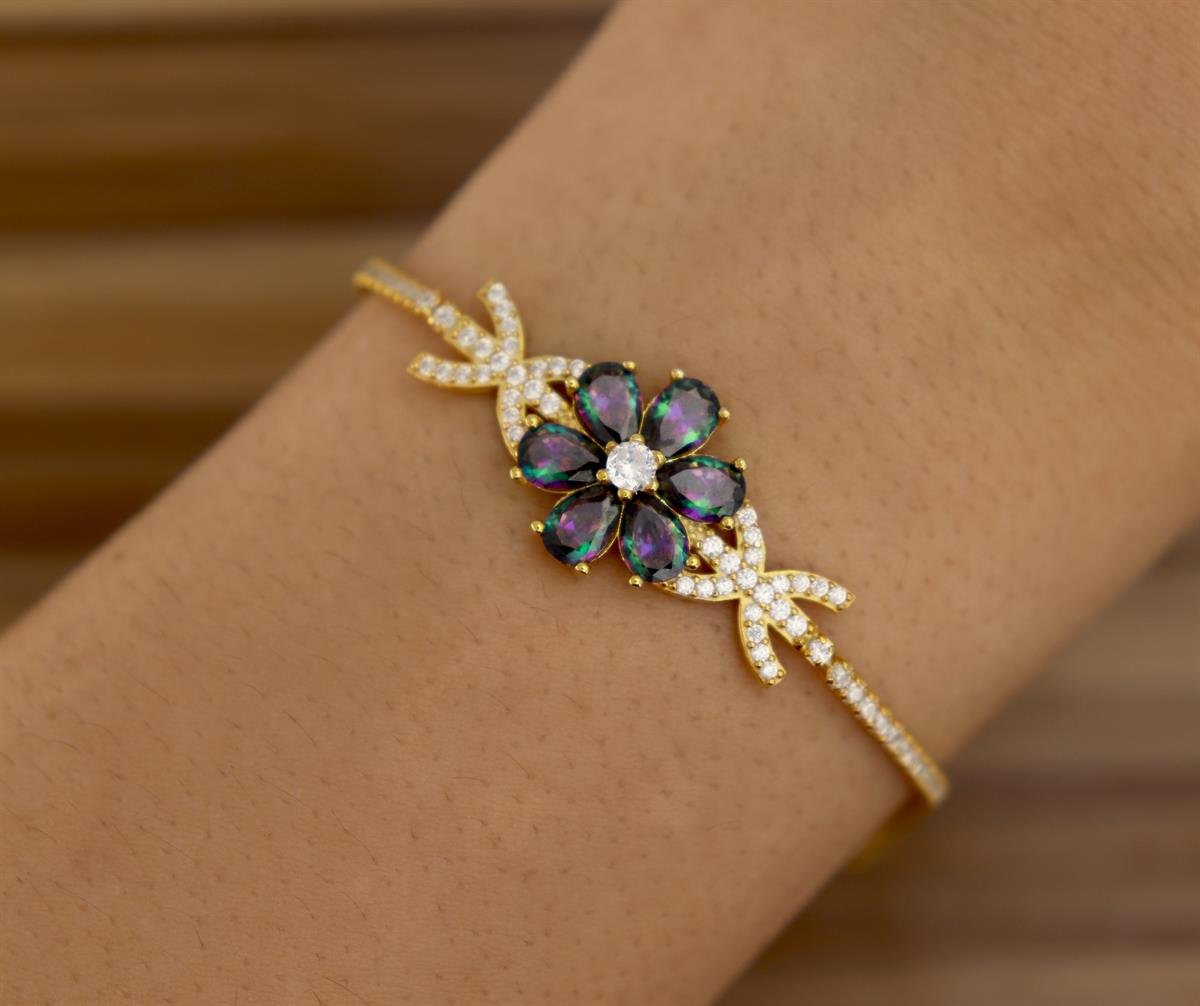 925 Ayar Gümüş Mistik Topaz Manolya Çiçeği Su Yolu Bileklik
