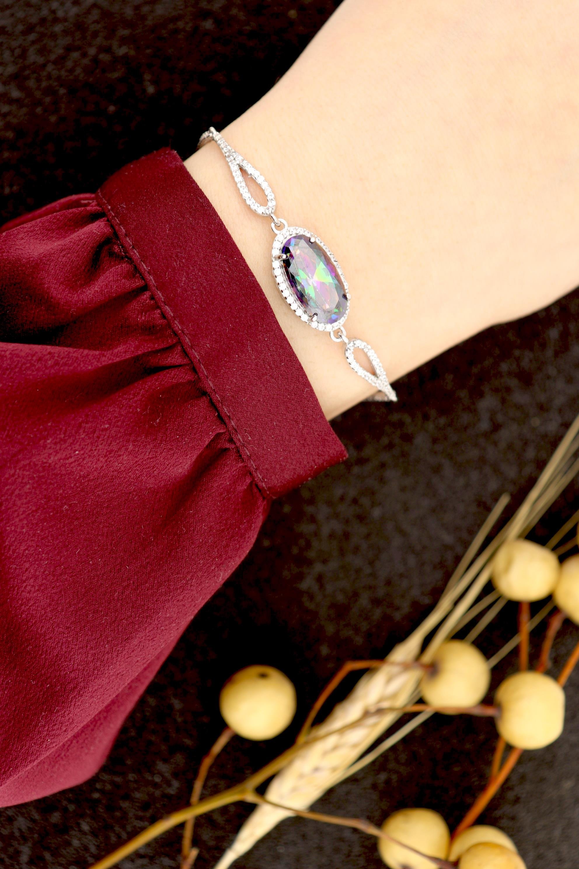 925 Ayar Gümüş Mistik Topaz Oval Taşlı Bileklik