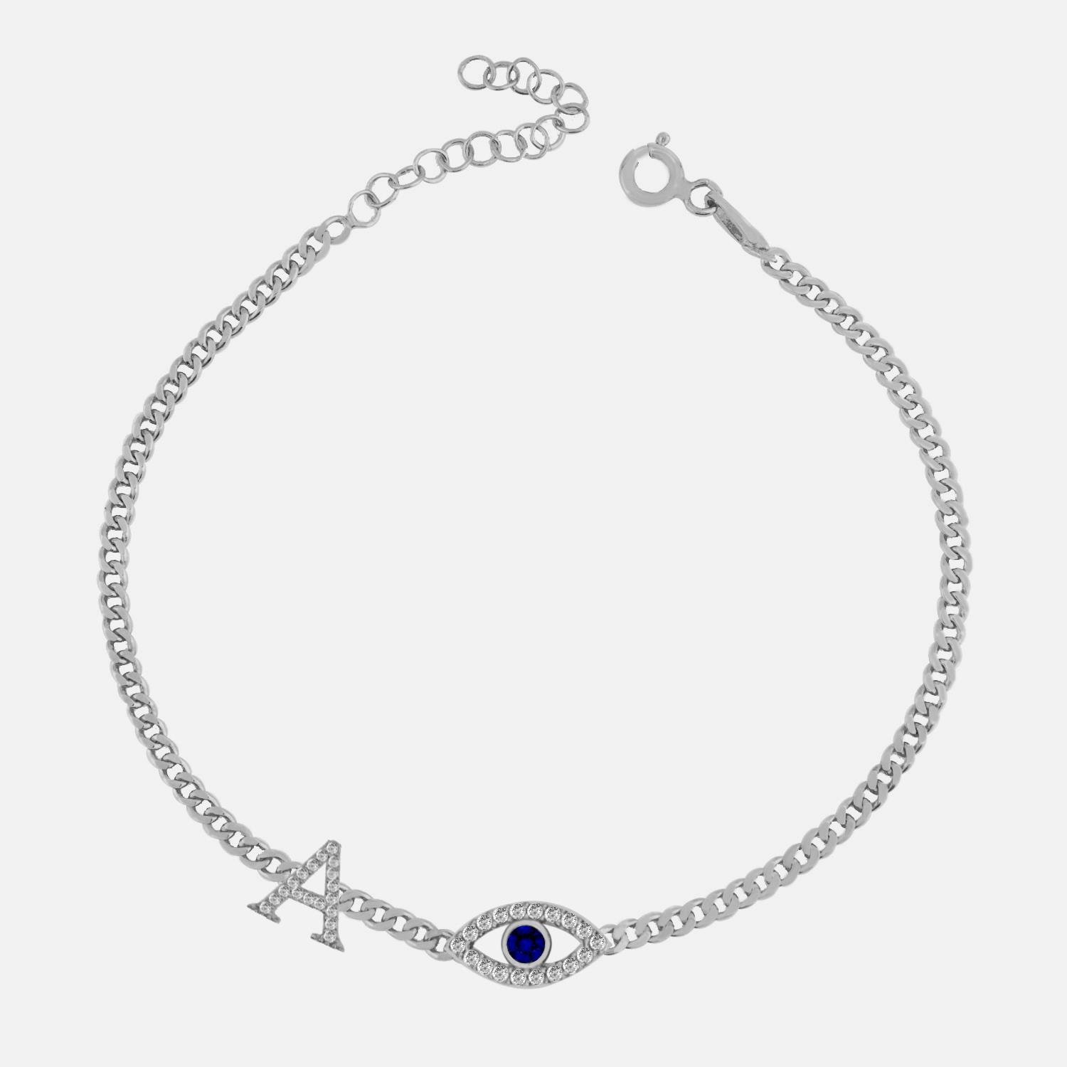 925 Ayar Gümüş Nazar Göz Detaylı Harfli Gurmet Zincir Bileklik