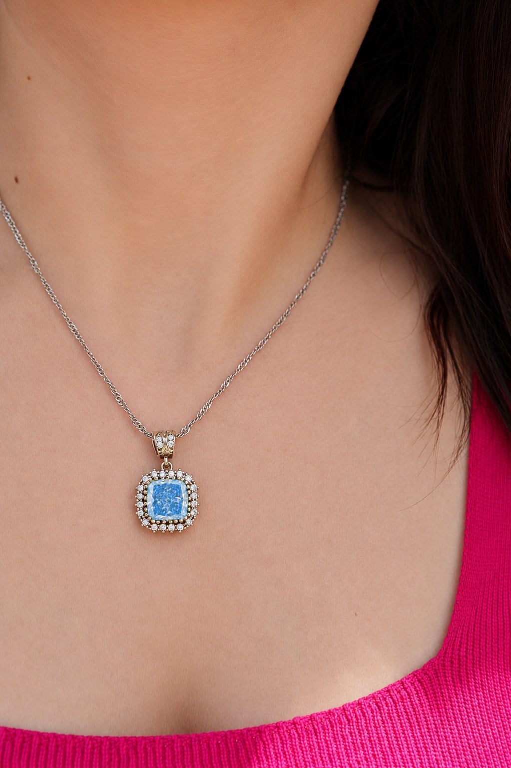 925 Ayar Gümüş Otantik Aqua Kare Ice Cut Taşlı Hürrem Kolye