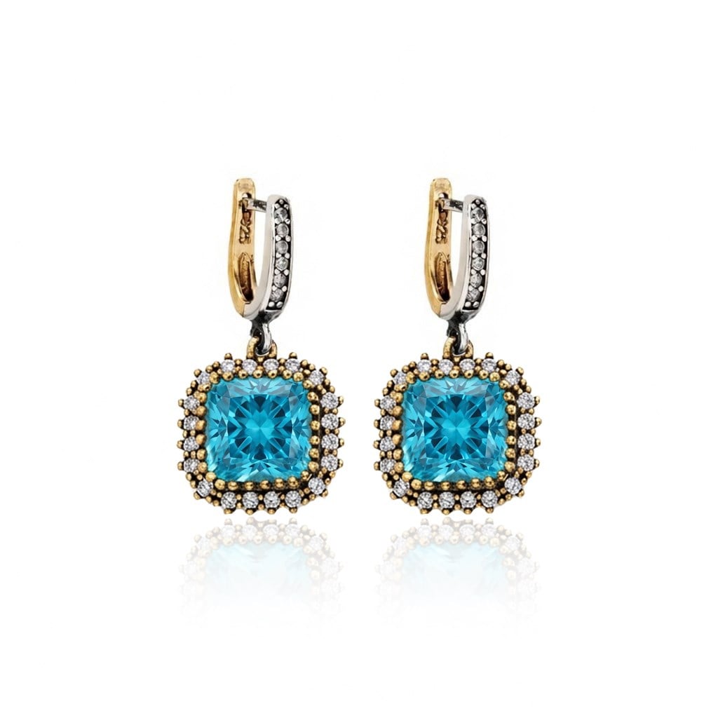 925 Ayar Gümüş Otantik Aqua Kare Ice Cut Taşlı Hürrem Küpe