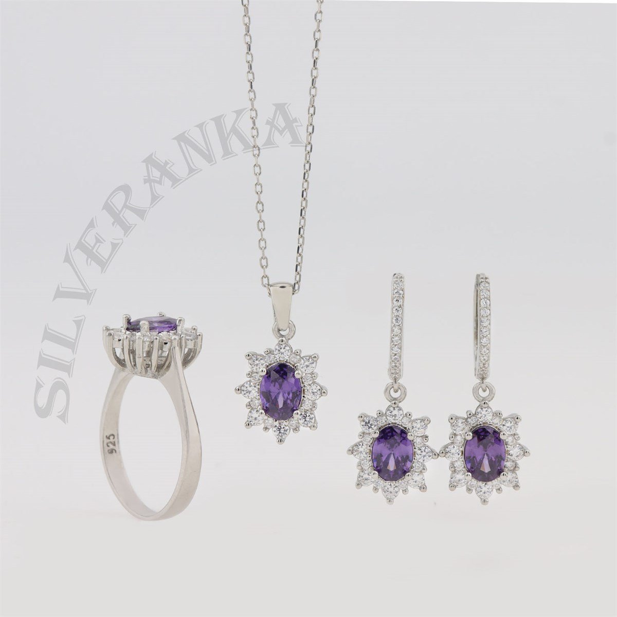 925 Ayar Gümüş Oval Ametist Taşlı Anturaj Set