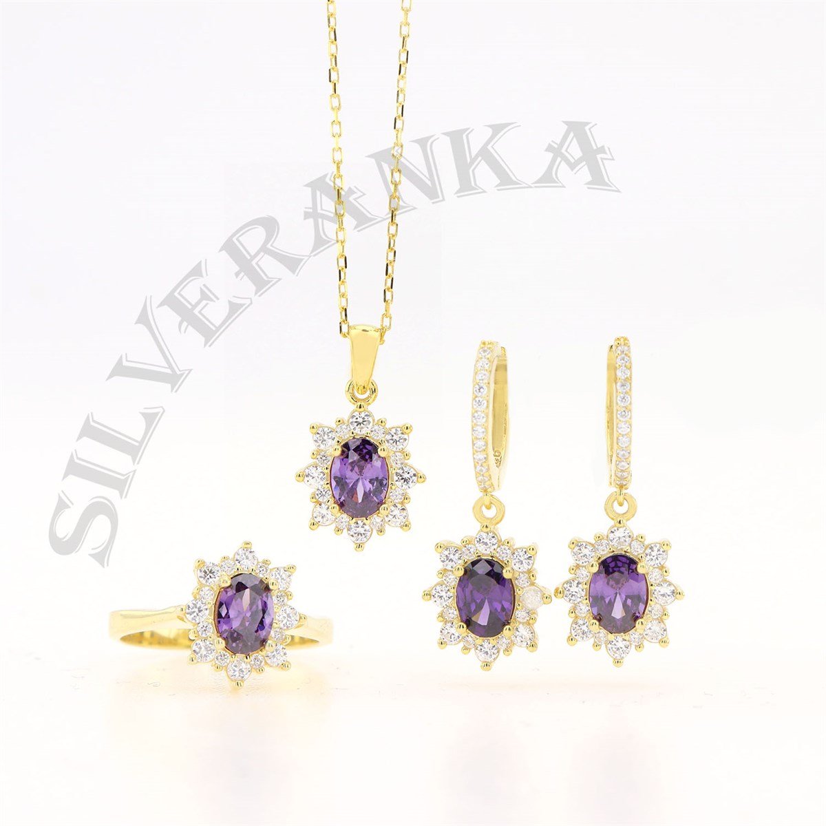 925 Ayar Gümüş Oval Ametist Taşlı Gold Anturaj Set