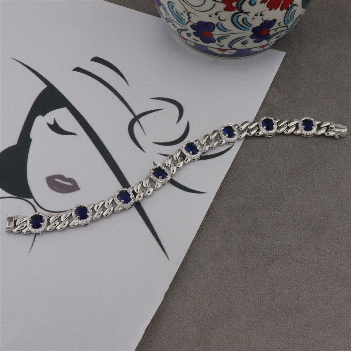 925 Ayar Gümüş Oval Desen Safir Bileklik