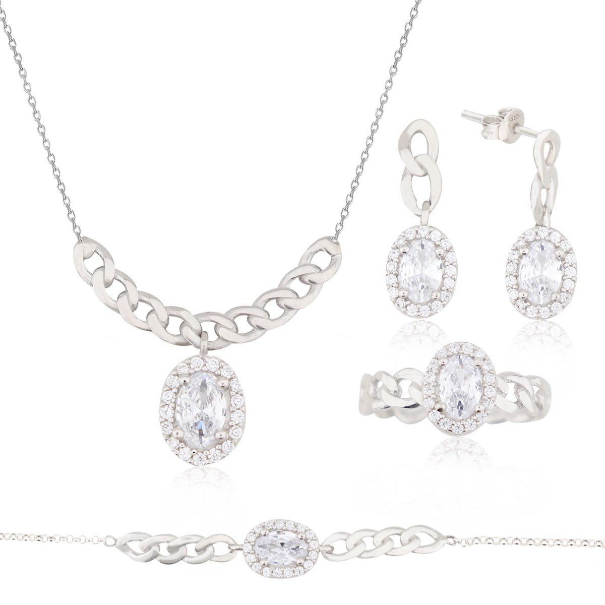925 Ayar Gümüş Oval Taş Takı Seti Zincir Detay