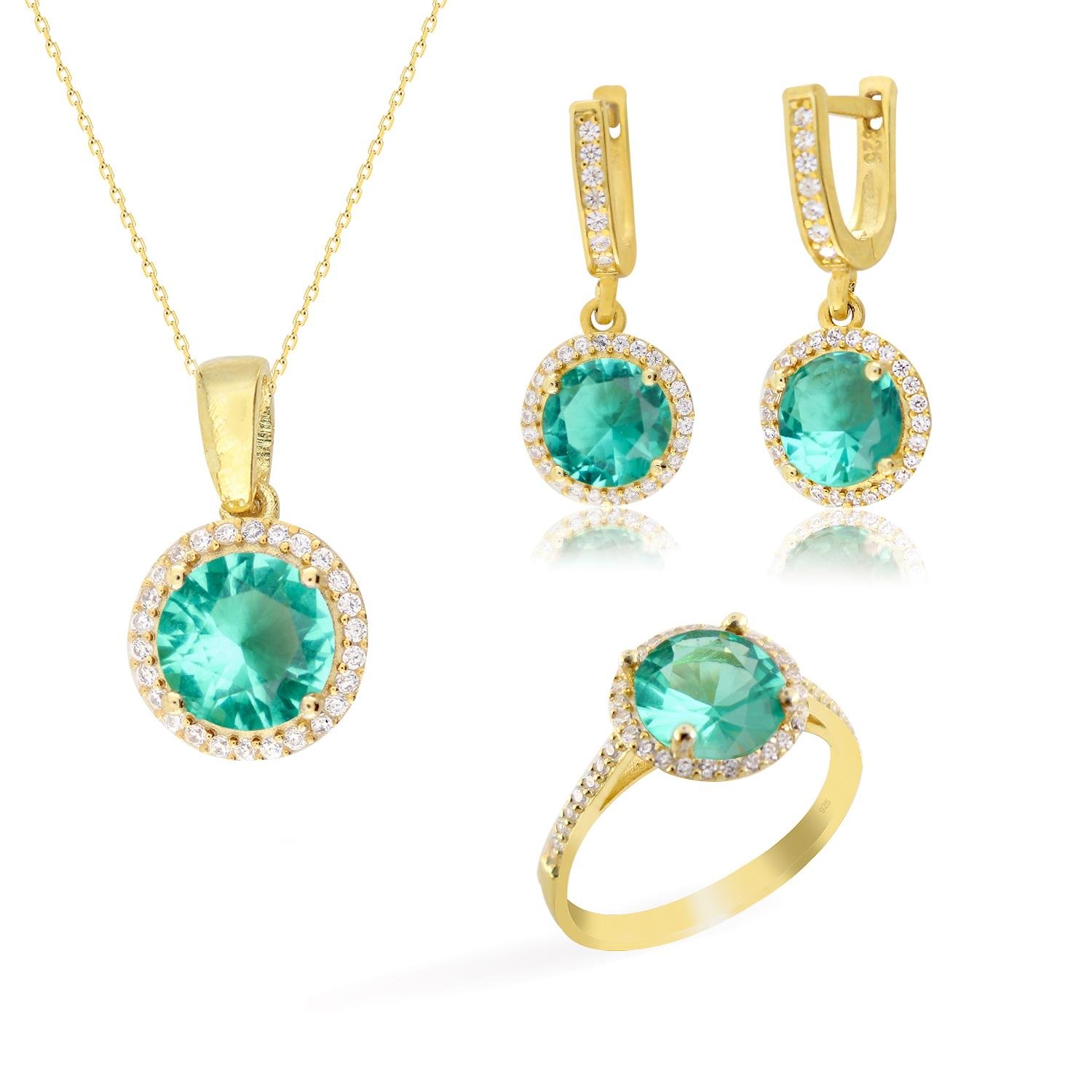 925 Ayar Gümüş Paraiba Yuvarlak Taşlı Takı Seti