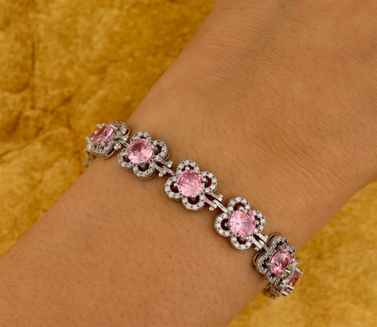 925 Ayar Gümüş Pembe Çiçek Model Gümüş Bileklik