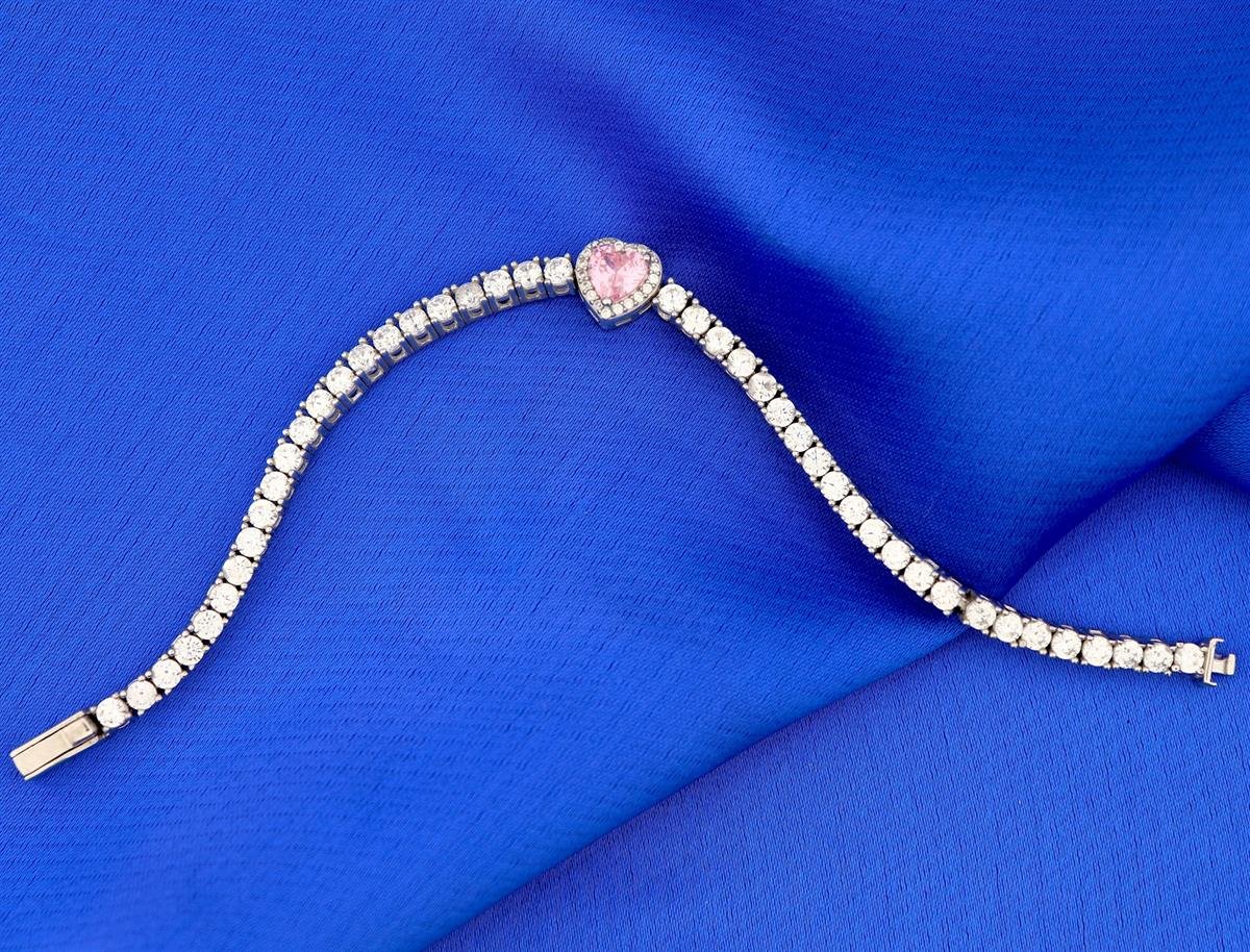 925 Ayar Gümüş Pembe Kalp Detaylı Su Yolu Gümüş Bileklik