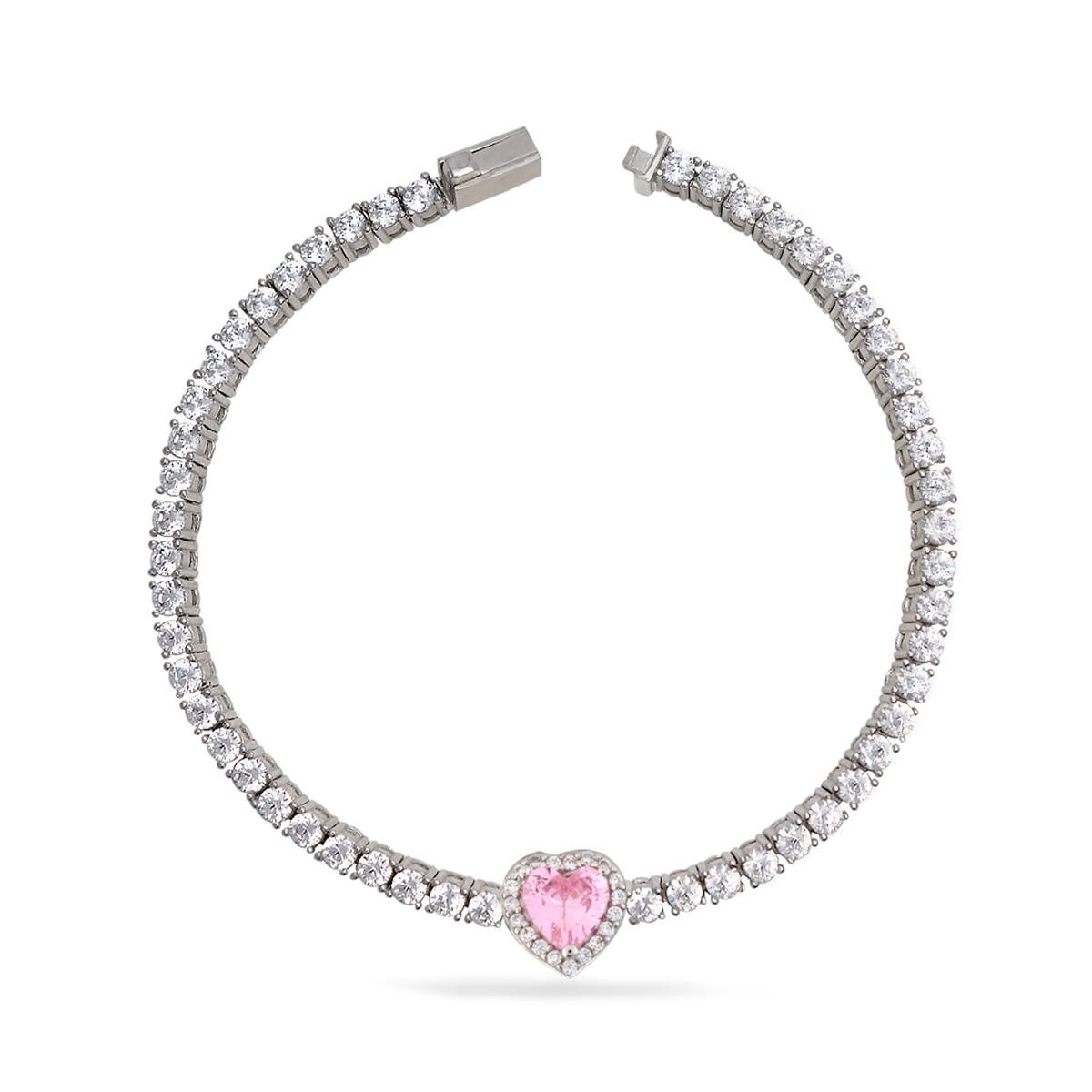 925 Ayar Gümüş Pembe Kalp Detaylı Su Yolu Gümüş Bileklik