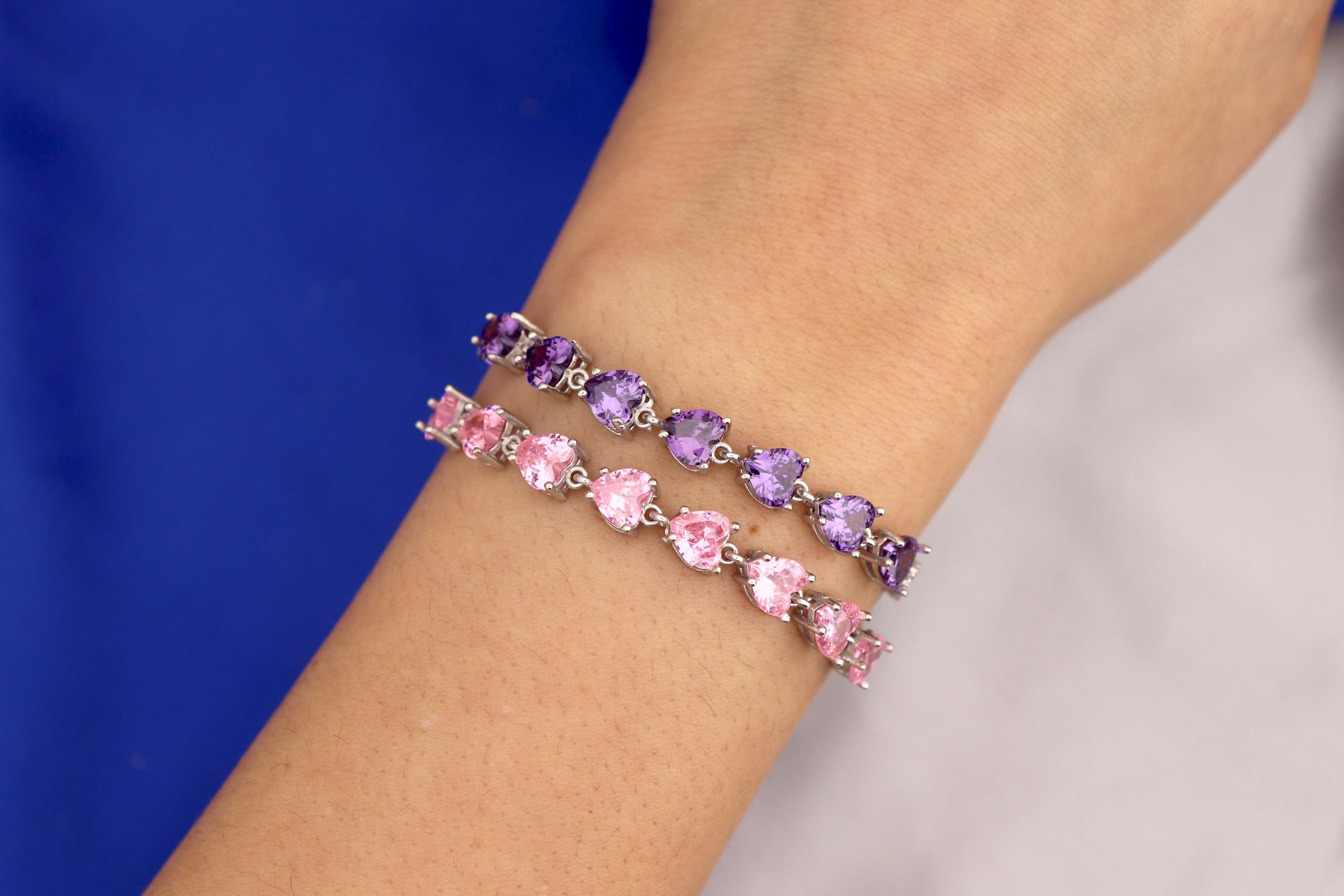 925 Ayar Gümüş Pembe Kalp Taşlı Su Yolu Bileklik