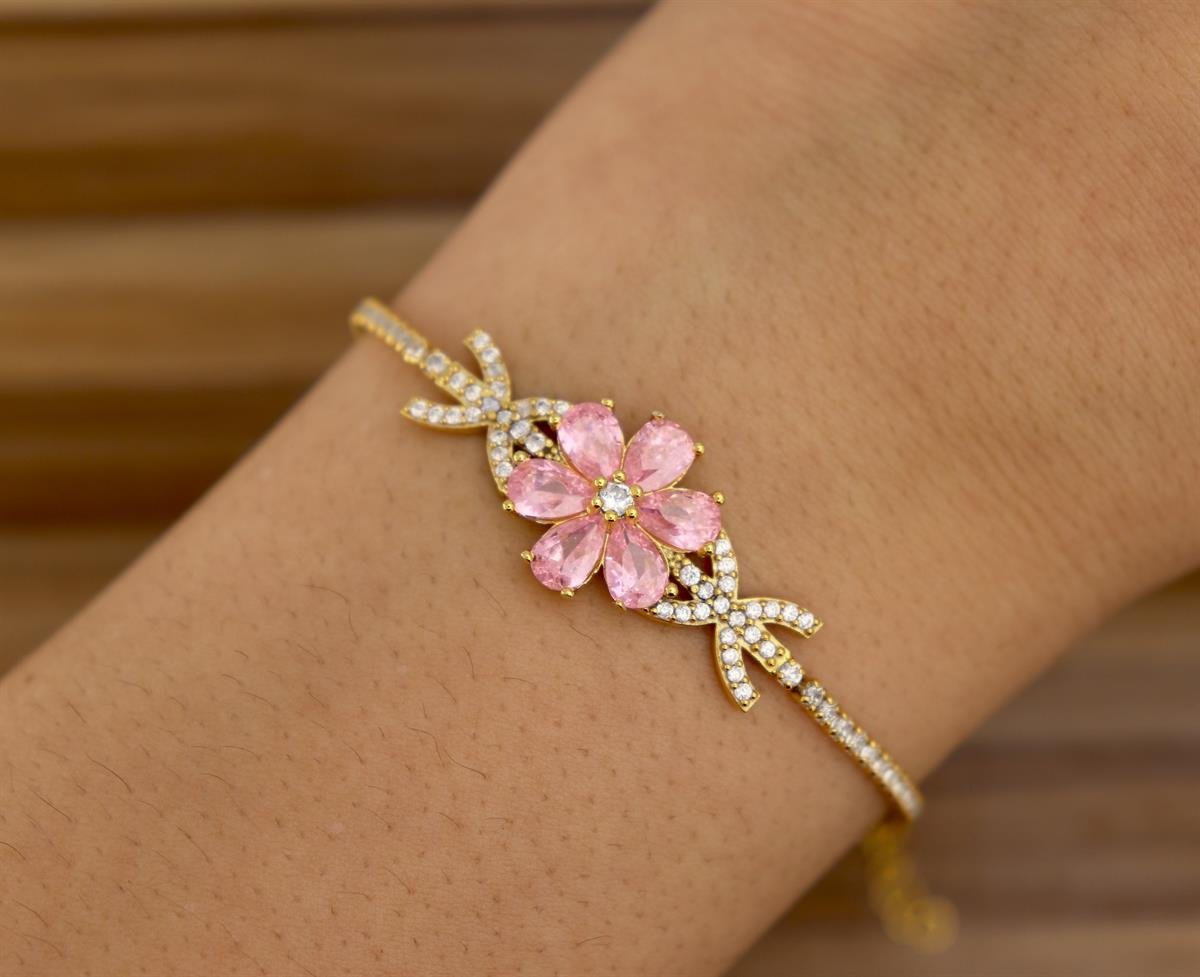 925 Ayar Gümüş Pembe Manolya Çiçeği Su Yolu Bileklik