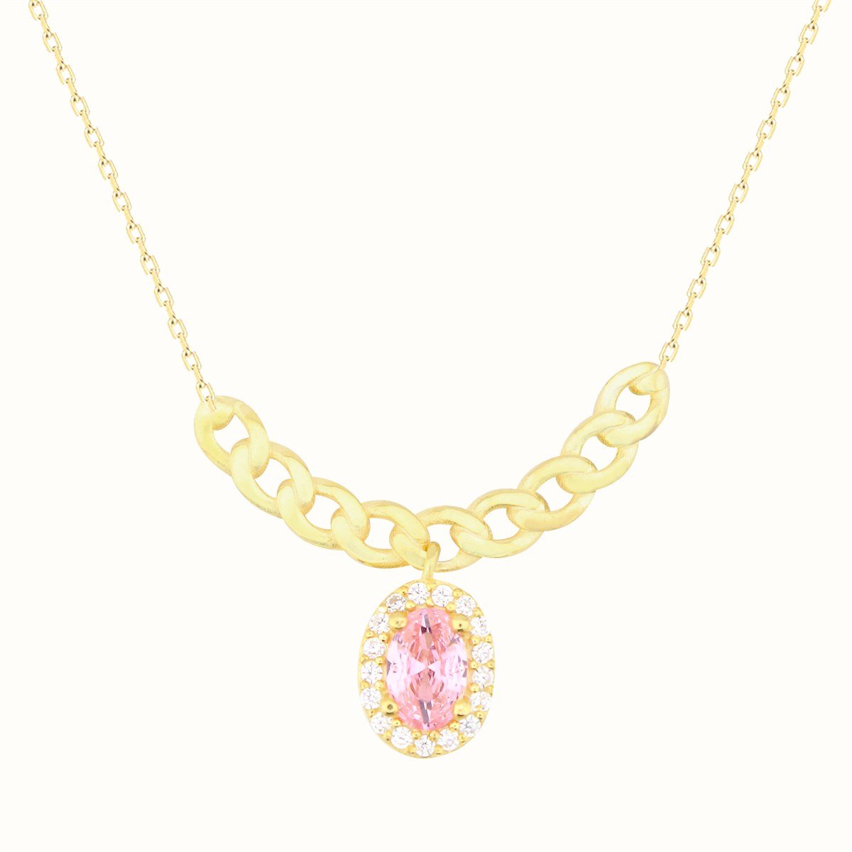 925 Ayar Gümüş Pembe Oval Taş Takı Seti Zincir Detay
