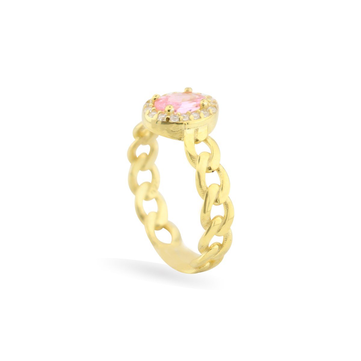 925 Ayar Gümüş Pembe Oval Taş Takı Seti Zincir Detay