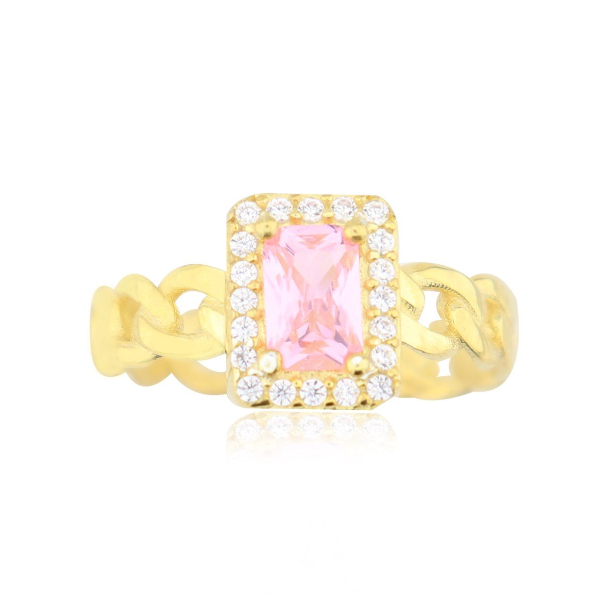 925 Ayar Gümüş Pembe Taşlı Altın Kaplama Baget Takı Seti Zincir Detay