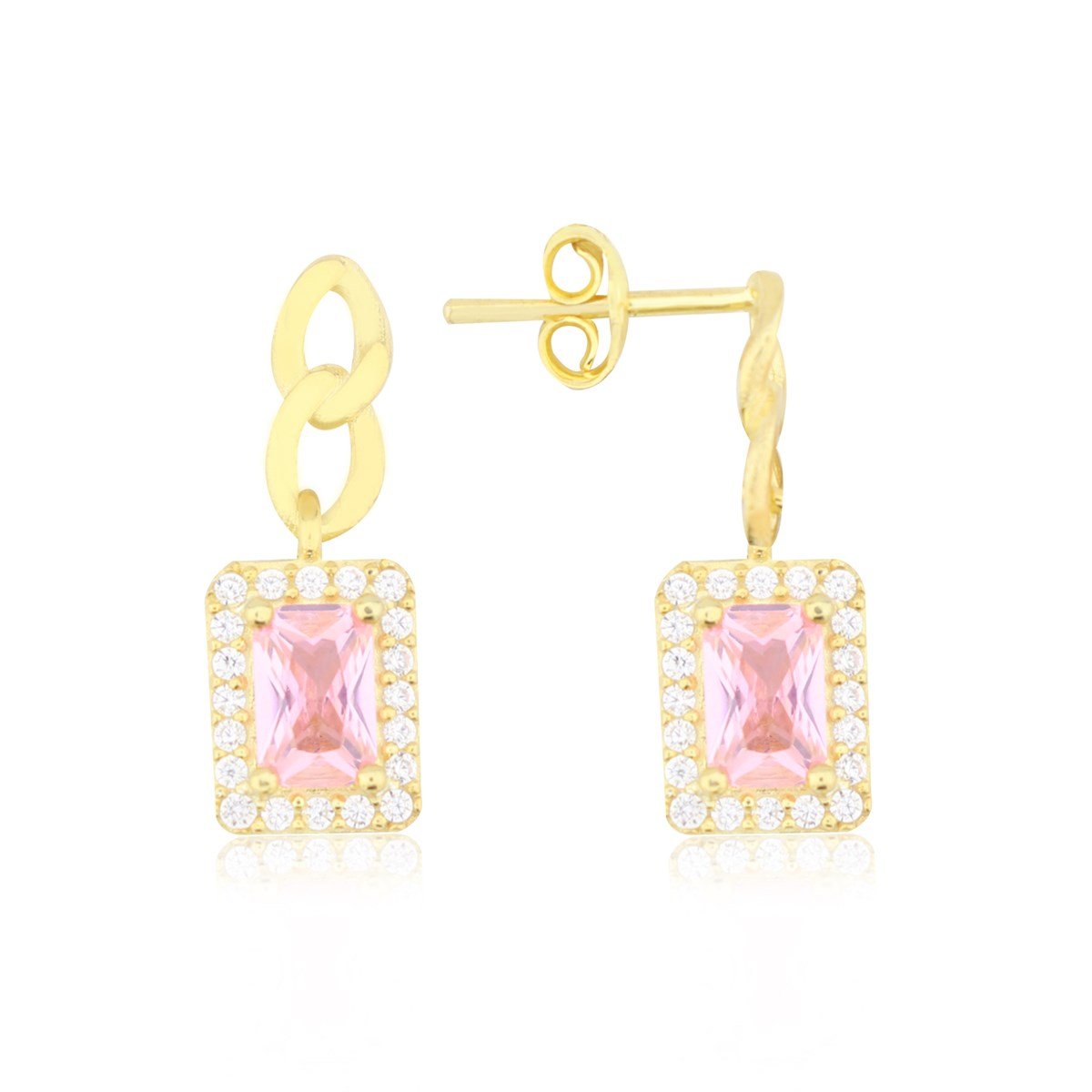 925 Ayar Gümüş Pembe Taşlı Altın Kaplama Baget Takı Seti Zincir Detay