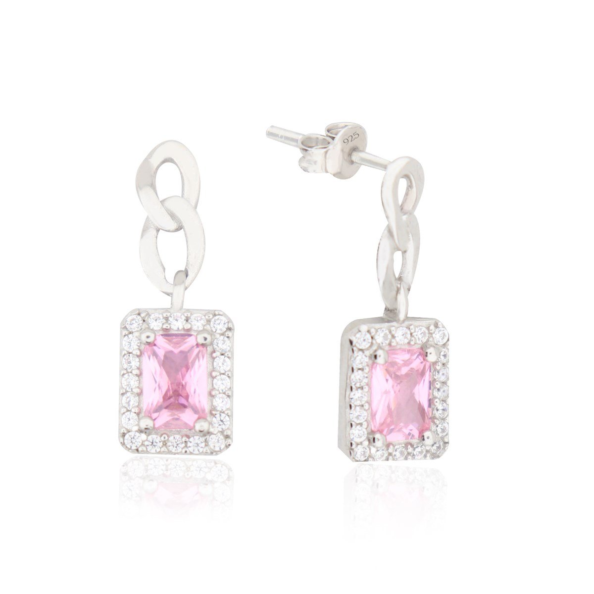 925 Ayar Gümüş Pembe Taşlı Baget Takı Seti Zincir Detay