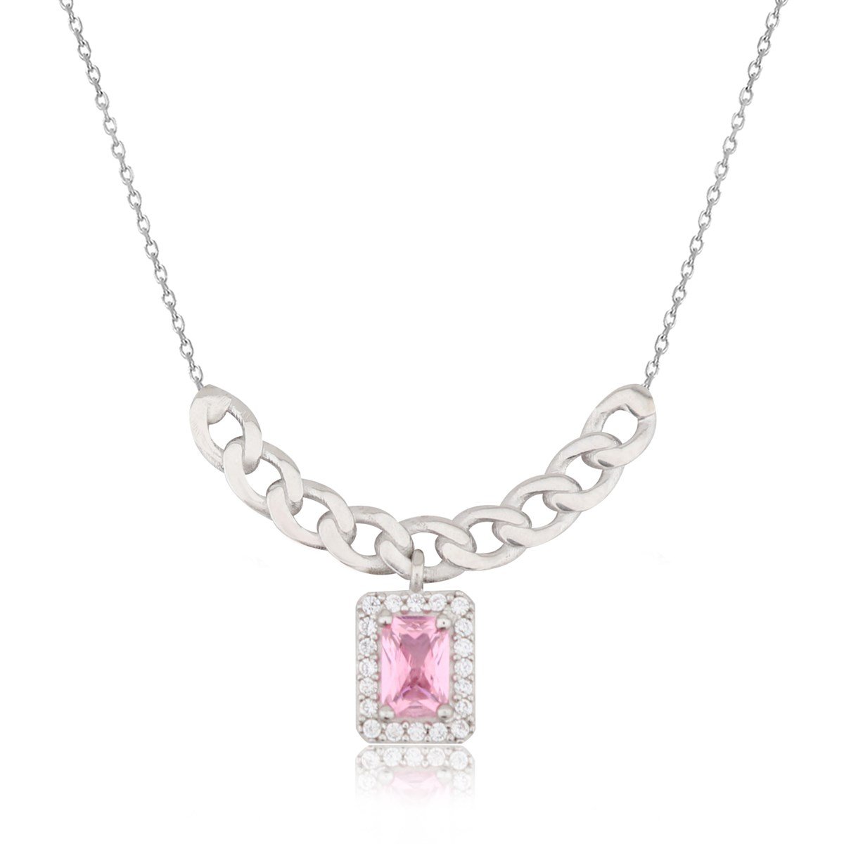 925 Ayar Gümüş Pembe Taşlı Baget Takı Seti Zincir Detay