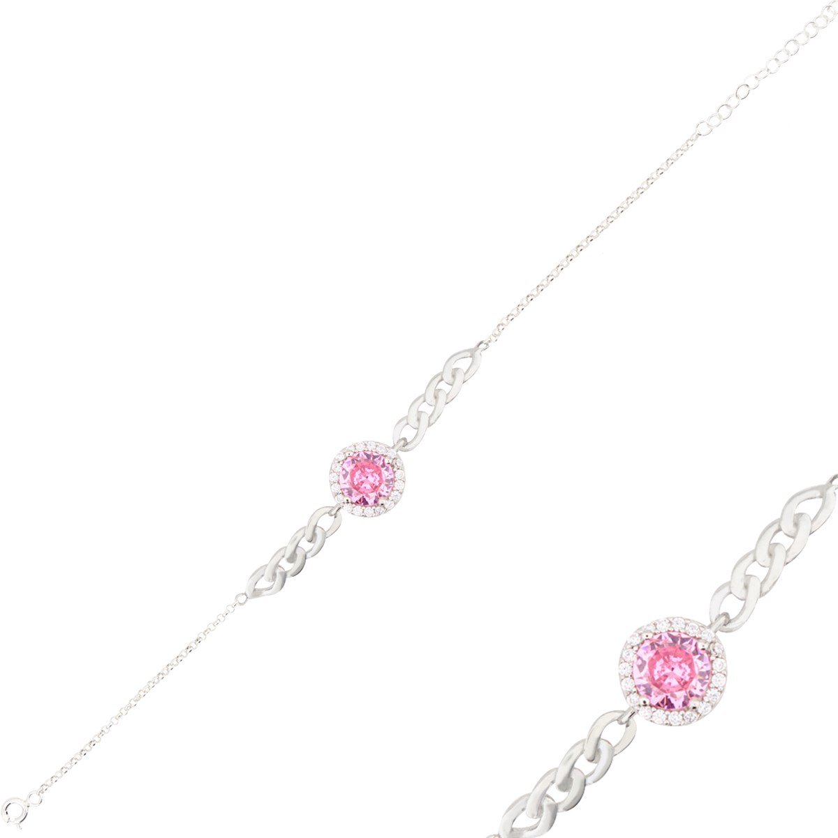 925 Ayar Gümüş Pembe Taşlı Baget Takı Seti Zincir Detay