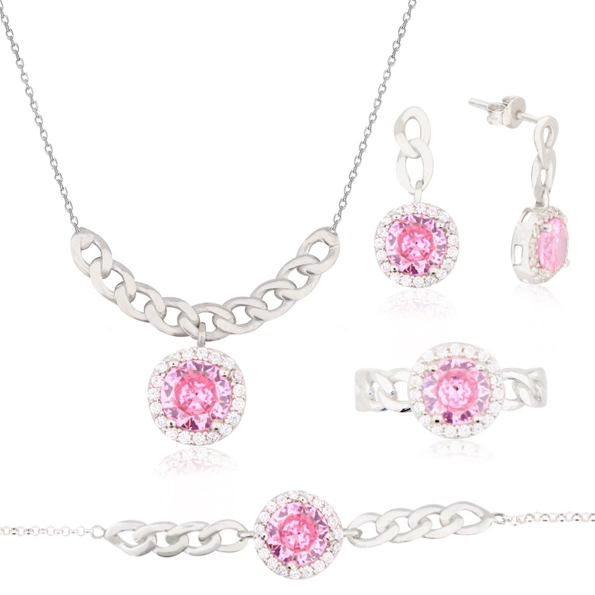 925 Ayar Gümüş Pembe Taşlı Baget Takı Seti Zincir Detay