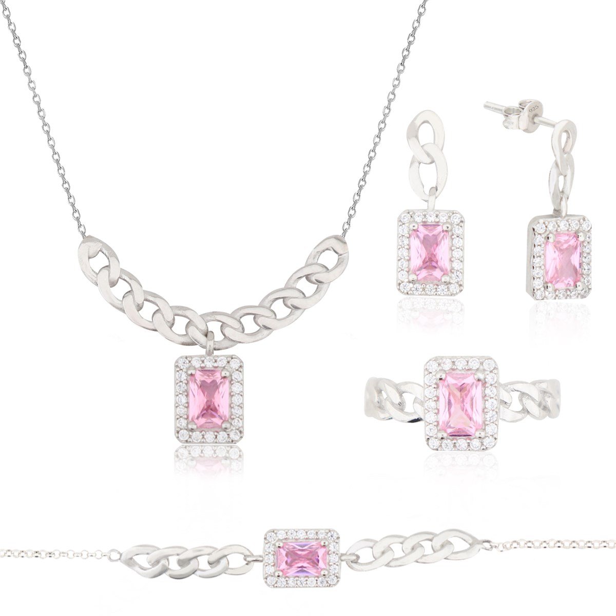 925 Ayar Gümüş Pembe Taşlı Baget Takı Seti Zincir Detay