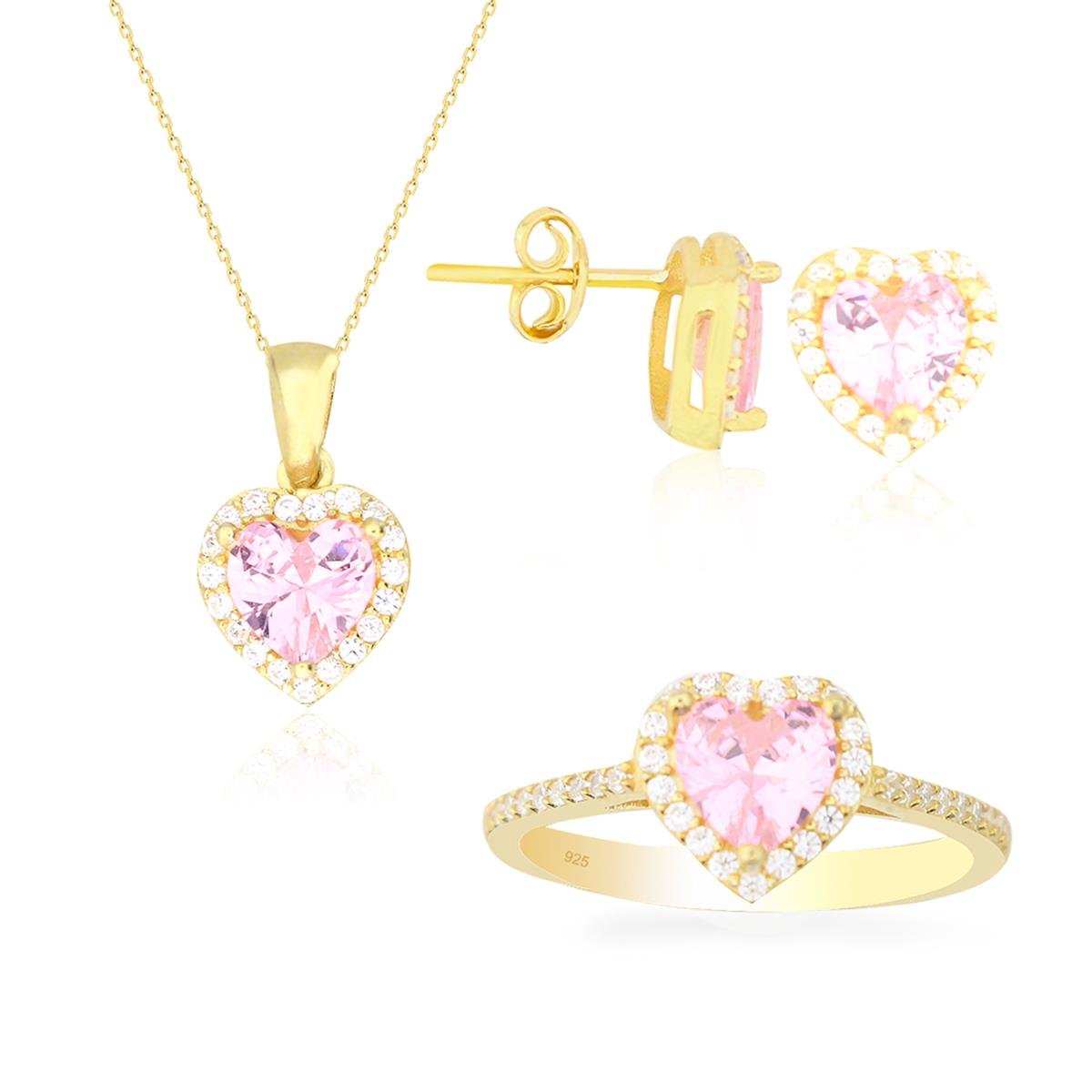 925 Ayar Gümüş Pembe Taşlı Kalp Takı Seti