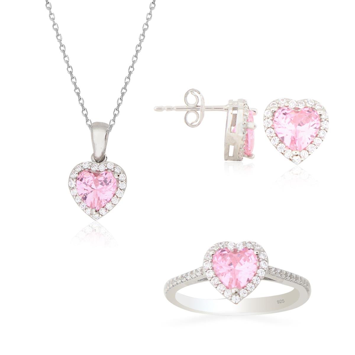 925 Ayar Gümüş Pembe Taşlı Kalp Takı Seti