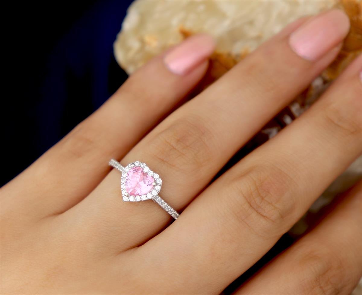 925 Ayar Gümüş Pembe Taşlı Kalp Takı Seti