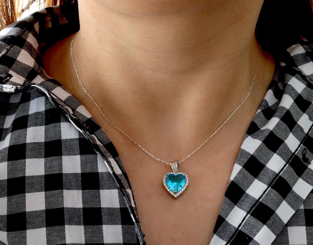 925 Ayar Gümüş Pırlanta Montür Aqua Taş Kalp Takı Seti